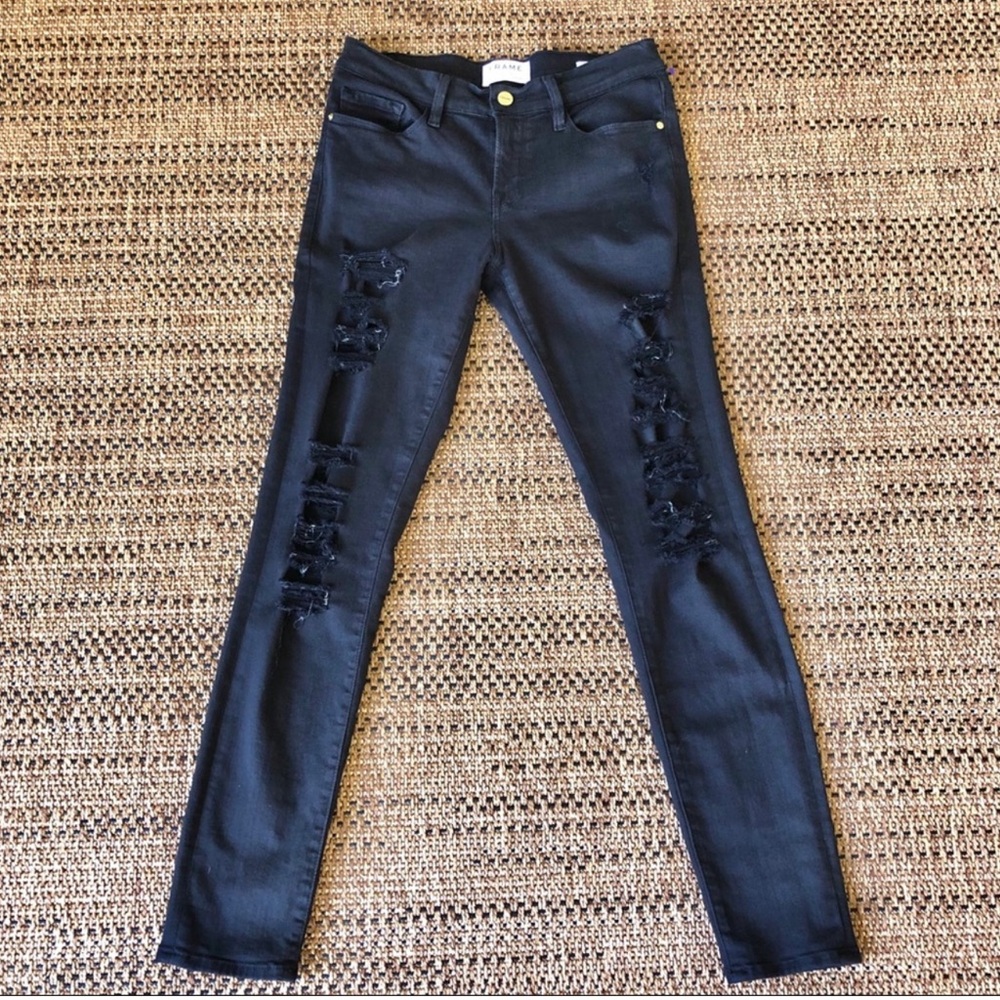 FRAME Denim Le Skinny Black Distressed Skinny Jeans Size 25 - Picture 2 of 3